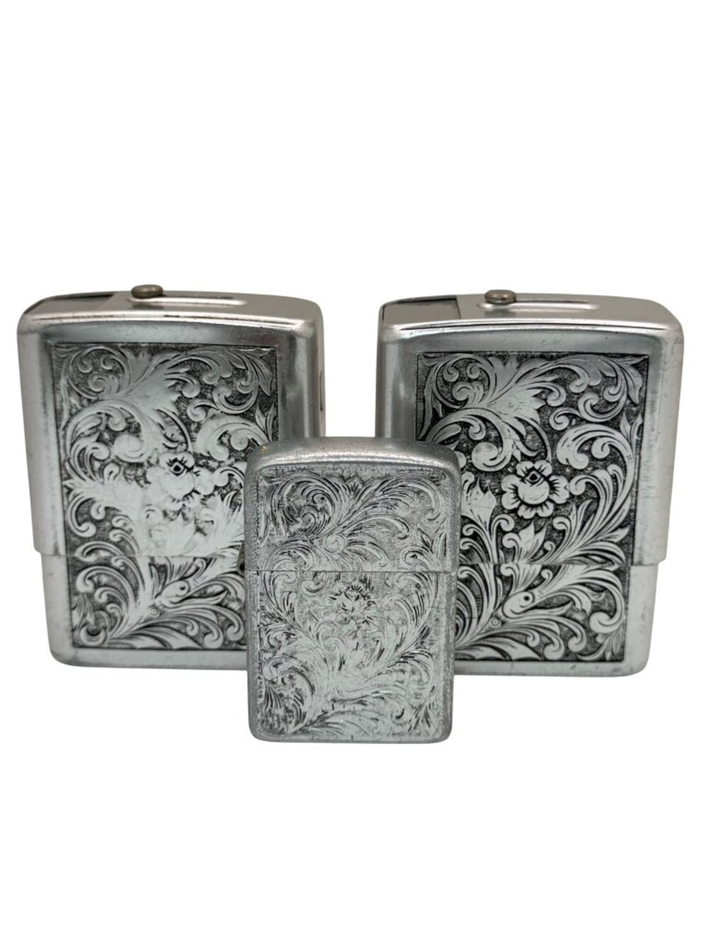 Park Industries Set Cigarette Cases Lighter Lot Engraved Vtg Silver Metal Floral